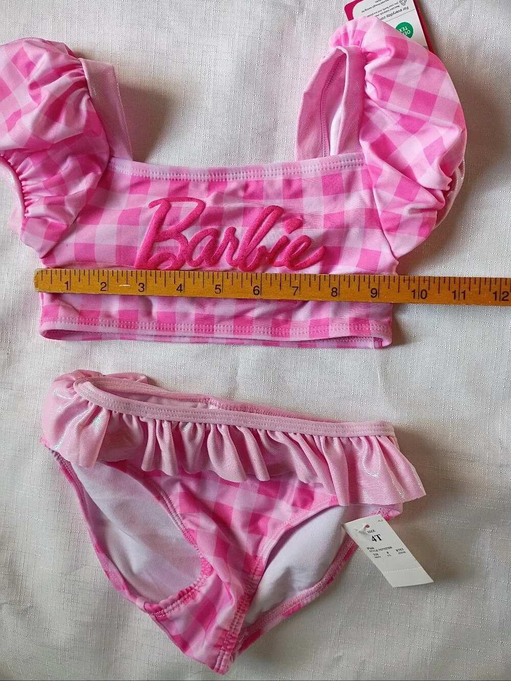 Barbie Girl's Pink Gingham Ruffle Two-Piece Swim Set Bikini Tankini Size 4